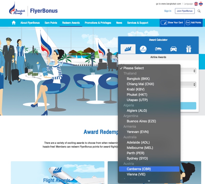 Screenshot of the Bangkok Airways website.
