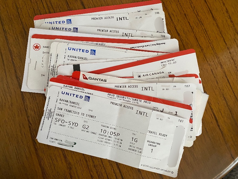 Daniel Kavan's boarding passes from his trip from Victoria (Canada) to Victoria (Australia)