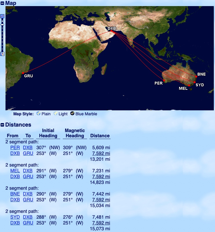 The distance flown from Perth, Melbourne, Brisbane or Sydney to Sao Paulo via Dubai, according to Great Circle Mapper.