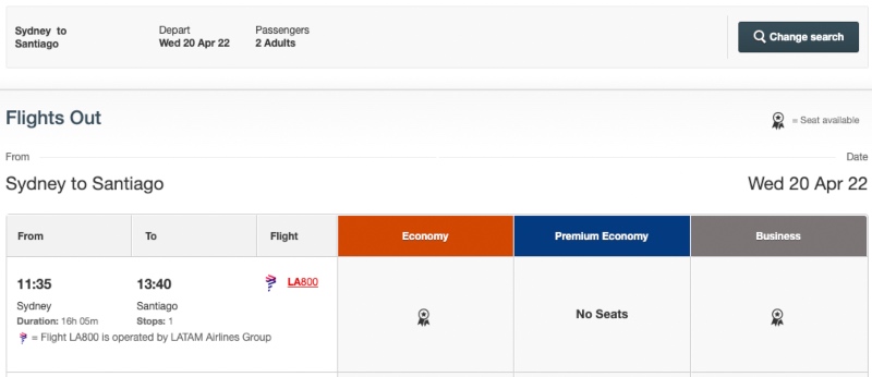 LATAM Airlines award availability on the Qantas website