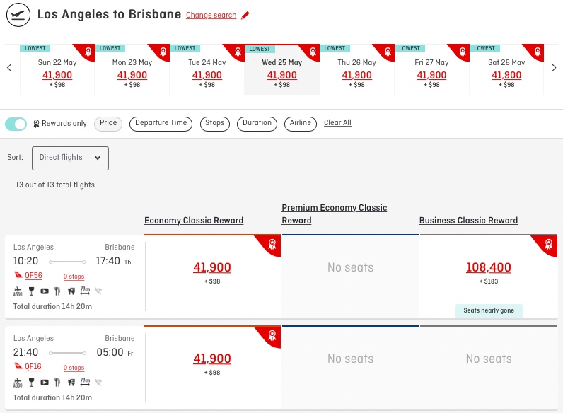 There is Classic Flight Reward availability from Los Angeles to Brisbane.