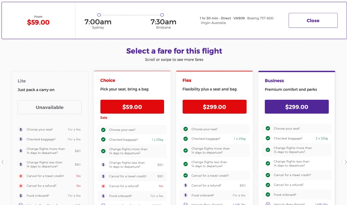 Virgin Australia airfares from Sydney to Brisbane on 17 February 2022.