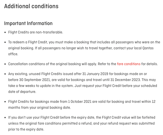 Additional conditions for using Qantas flight credits