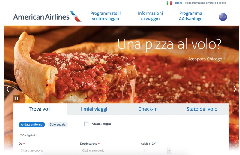 The American Airlines website tells Italians to fly to Chicago for pizza