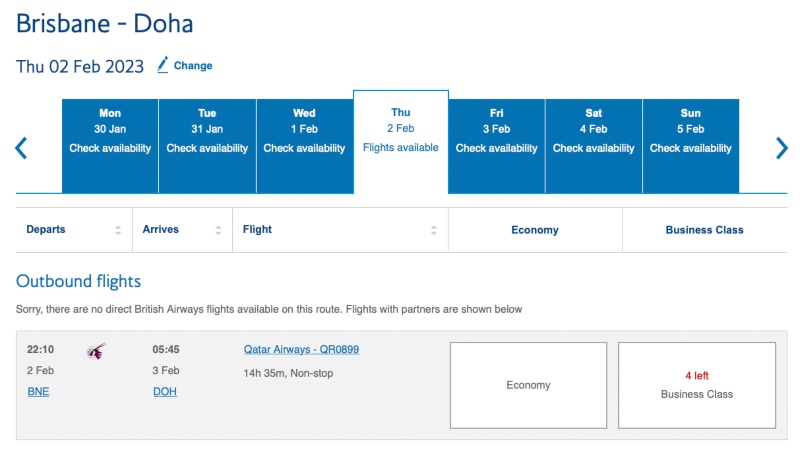 There are 4 Business Class awards available from Brisbane to Doha to British Airways Executive Club members