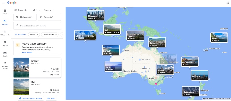Google Flights "Explore" feature