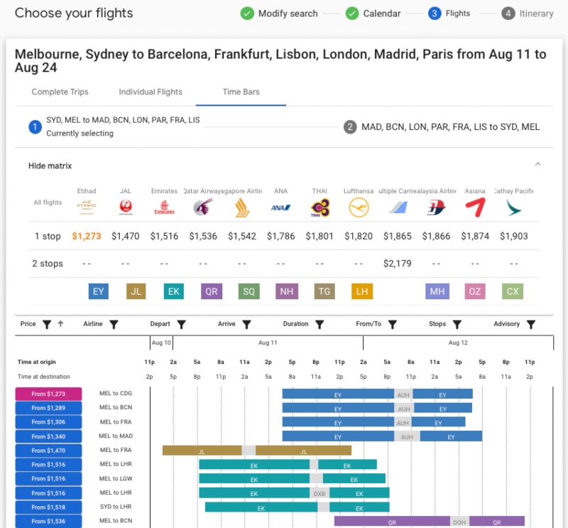 Easily compare prices, flight times and connections by viewing ITA Matrix results as Time Bars.