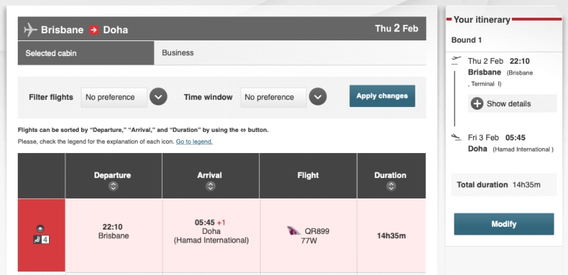 There are 4 Business Class awards available on the BNE-DOH route to JAL Mileage Bank members