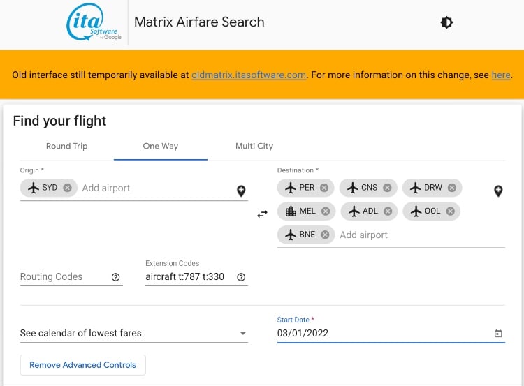 Search by aircraft type on ITA Matrix