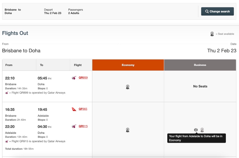 Award availability from Brisbane to Doha showing to Qantas Frequent Flyer members for two passengers.