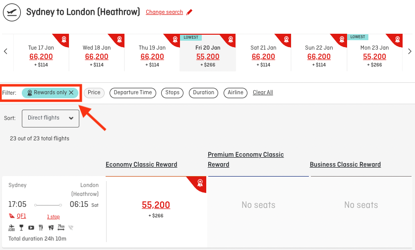 Click on the "Rewards only" filter to view Classic Reward seats when searching on the Qantas website