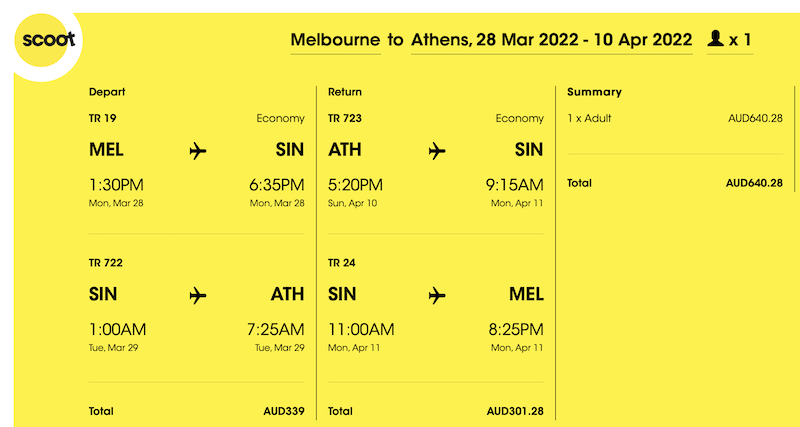 Scoot fare from Melbourne to Athens