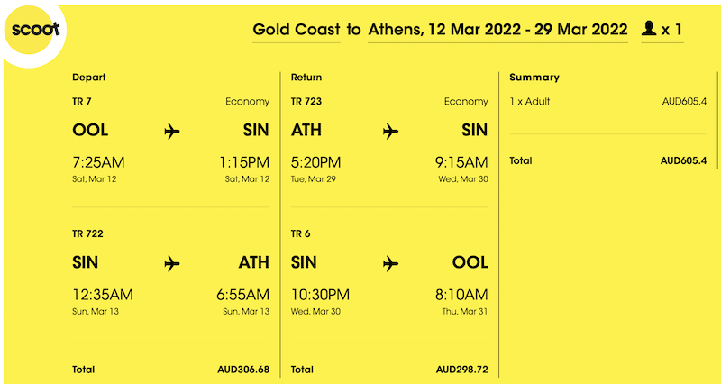 Example of a Scoot fare from Gold Coast to Athens
