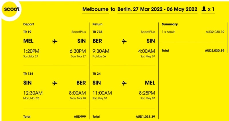 Example of a ScootPlus fare from Melbourne to Berlin
