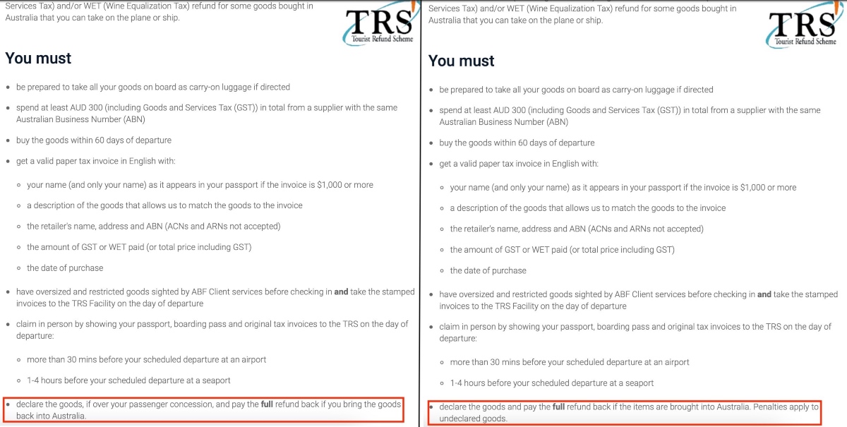 The TRS rules on the Australian Border Force website in August 2021 (left) and October 2021 (right)