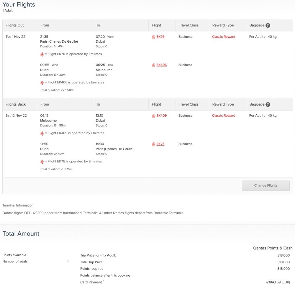 Qantas Reward booking from Paris to Melbourne in Emirates Business Class as of 15 March 2022