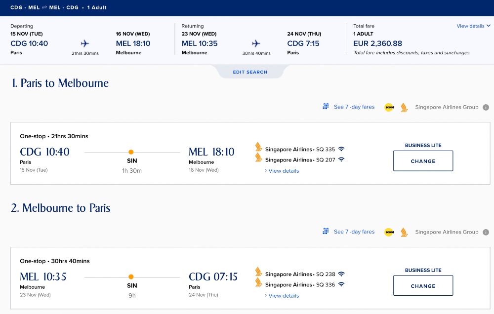 Example of a Singapore Airlines sale fare from Paris to Melbourne