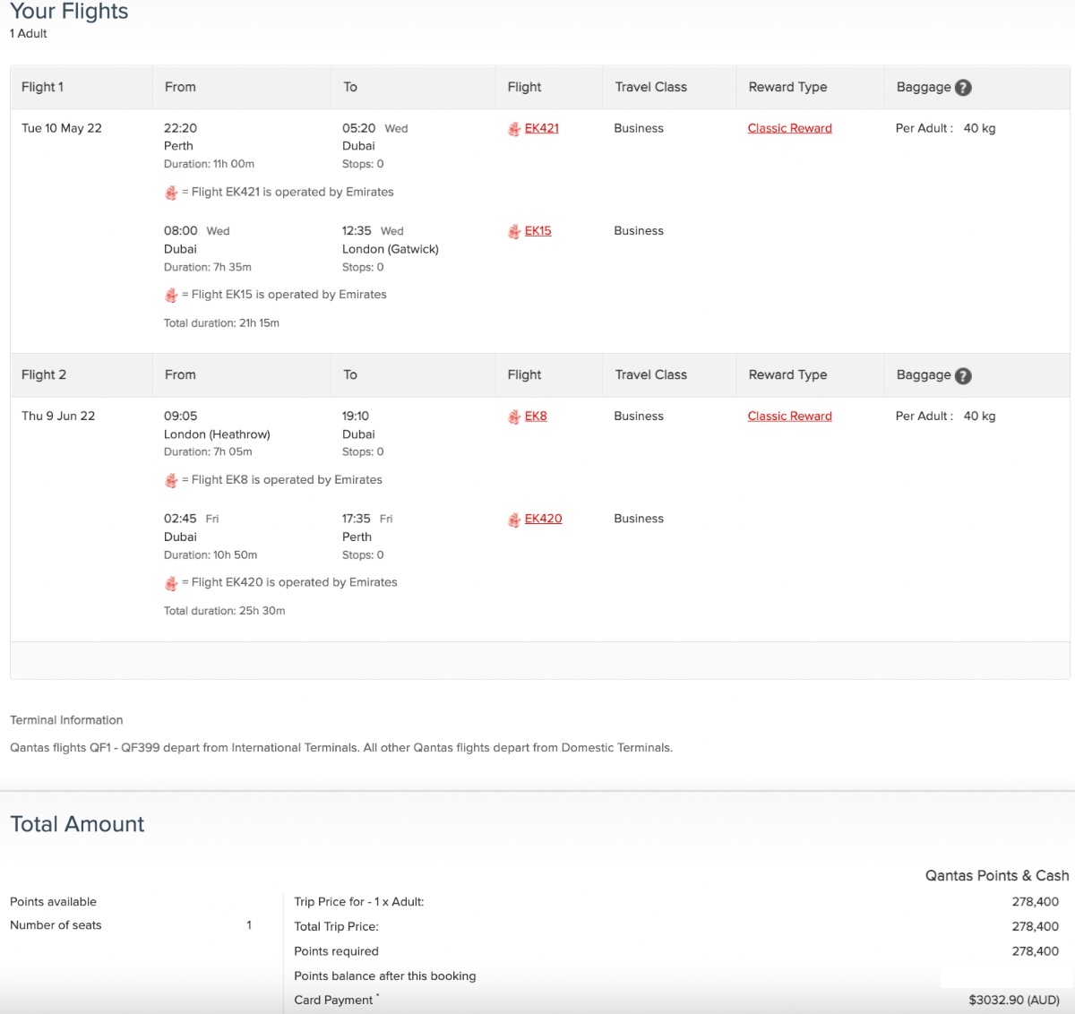 Classic Reward booking with Emirates from Perth to London as of 15 March 2022
