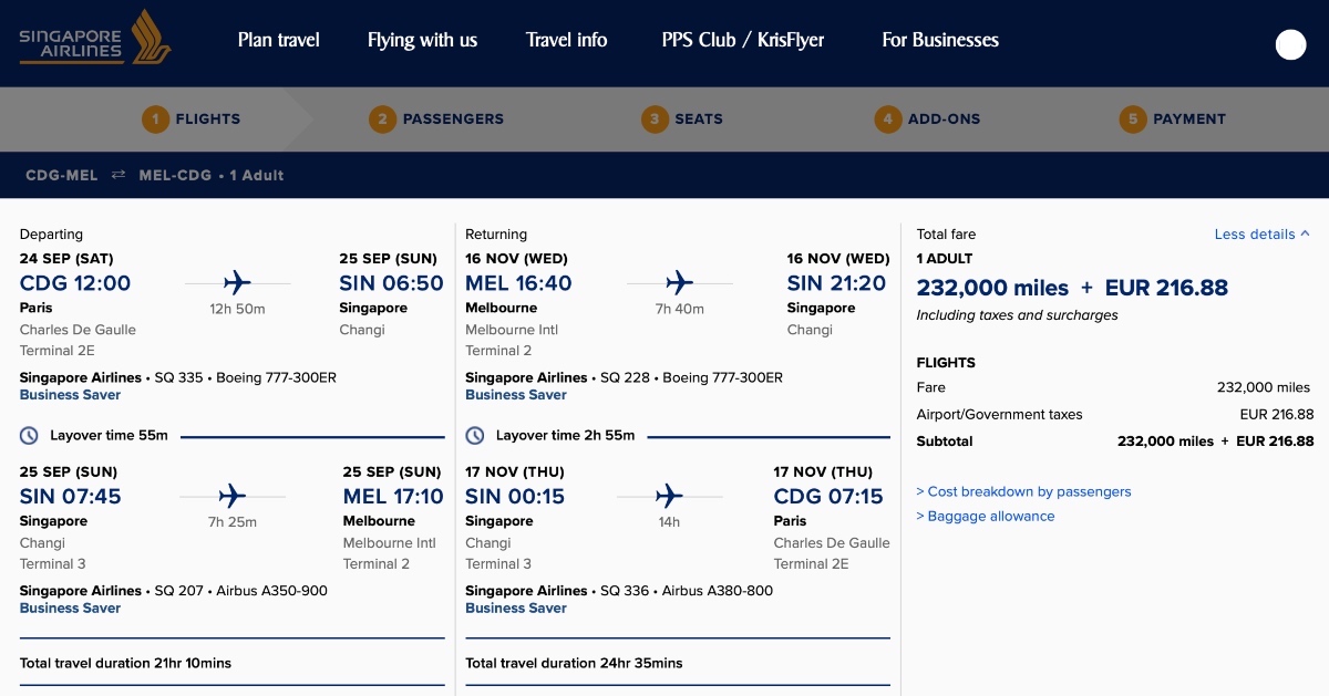 Example of a KrisFlyer award booking from Paris to Melbourne in Business Class