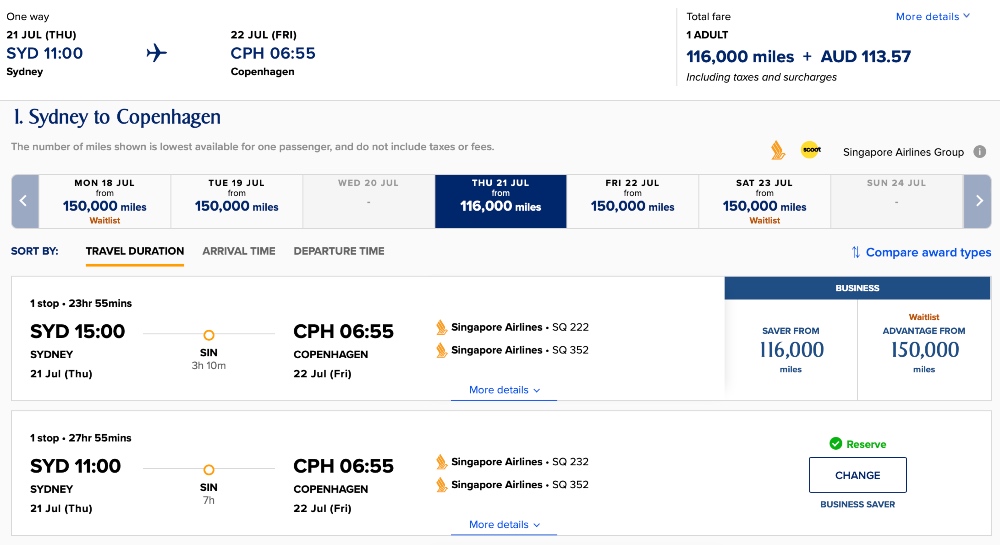 Singapore Airlines award availability via KrisFlyer on the Singapore Airlines website