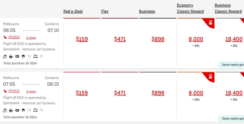 Qantas pricing from Melbourne to Canberra