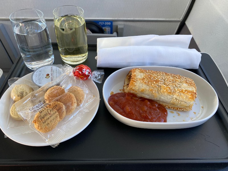 Sausage roll served on a Qantas flight from Sydney to Coffs Harbour
