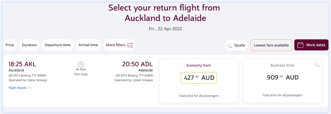 Qatar Airways' flight from Auckland to Adelaide