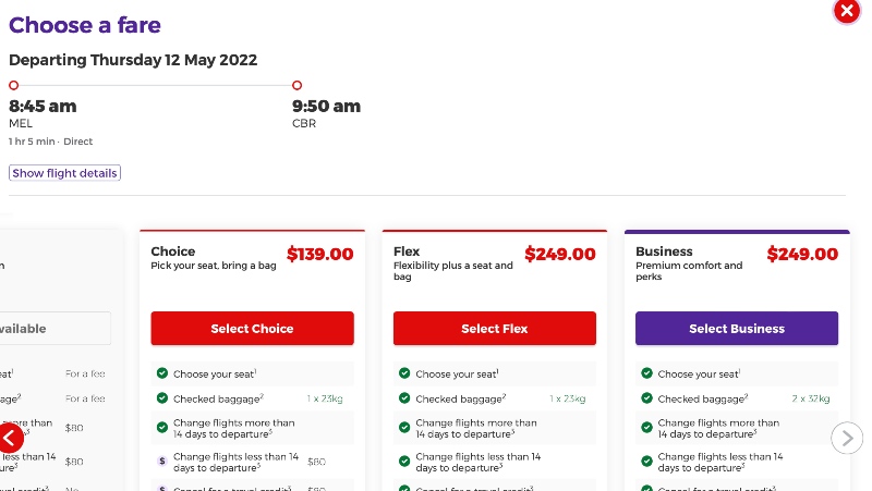 Virgin Australia pricing from Melbourne to Canberra
