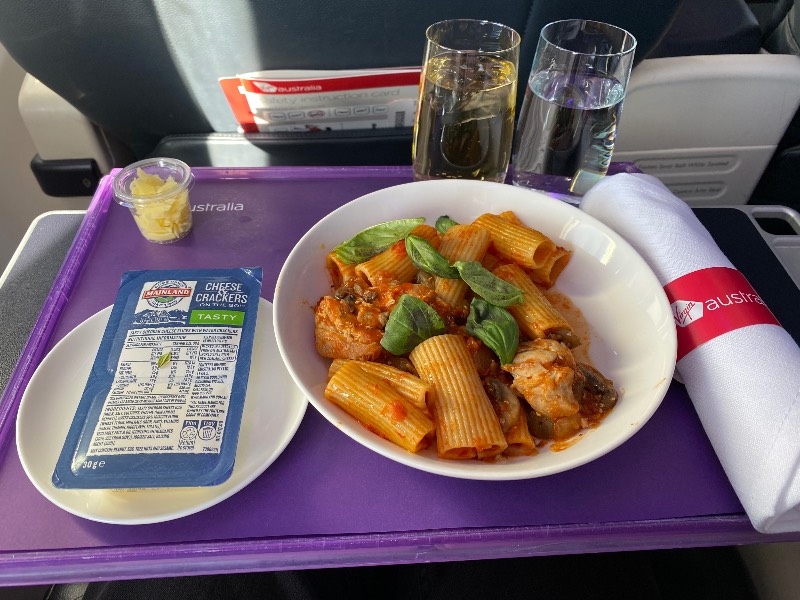 Chicken cacciatore served on a Virgin flight from Melbourne to Sydney