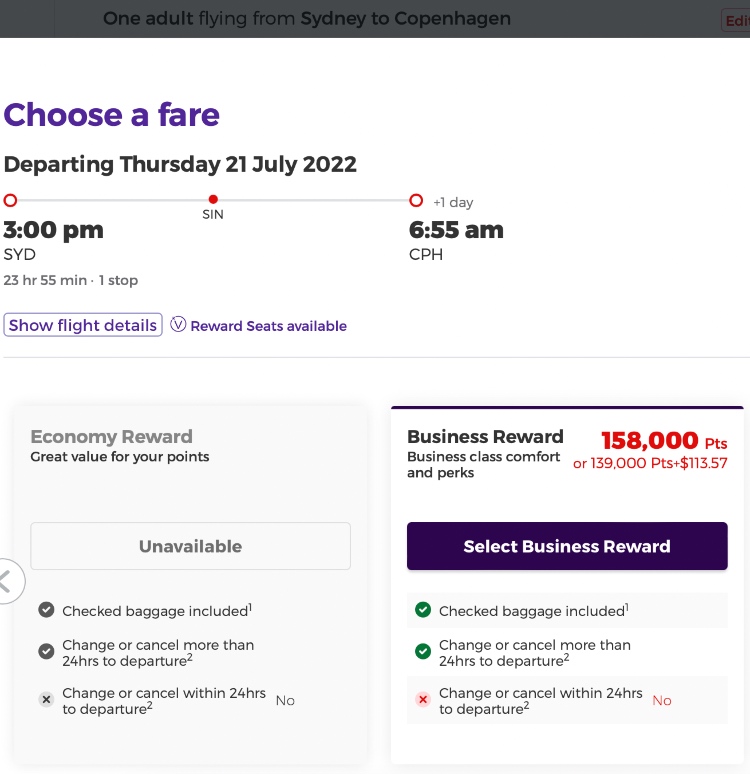 Matching Singapore Airlines award availability via Velocity on the Virgin Australia website