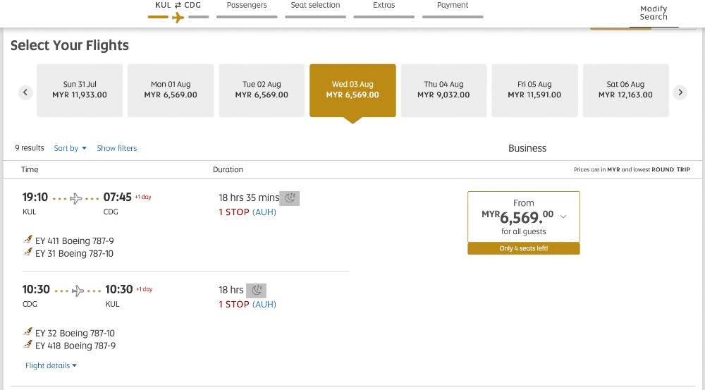 Example of a KUL-CDG sale fare on the Etihad website