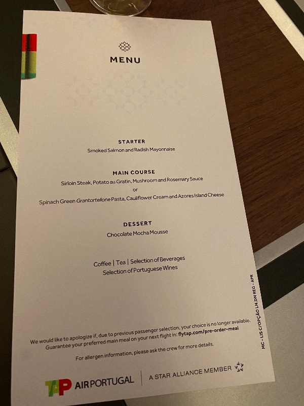 Printed menu on TP579