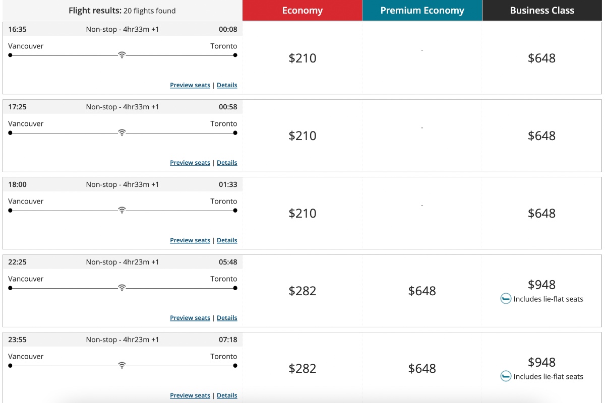 Sample of Air Canada airfares from Vancouver to Toronto.