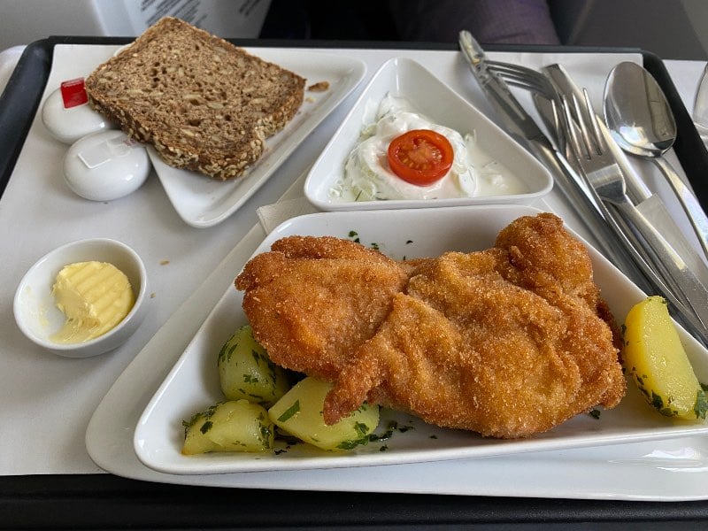 Traditional Austrian "Backhendl" was served for lunch in Austrian Business Class