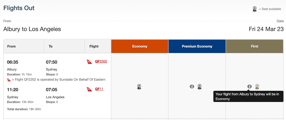 Qantas website screenshot.