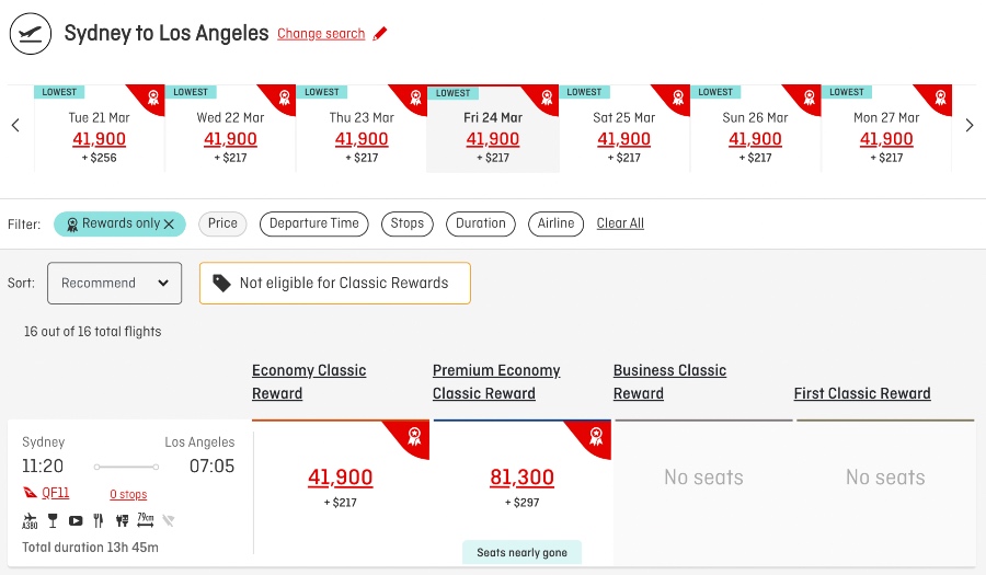 Qantas website screenshot.