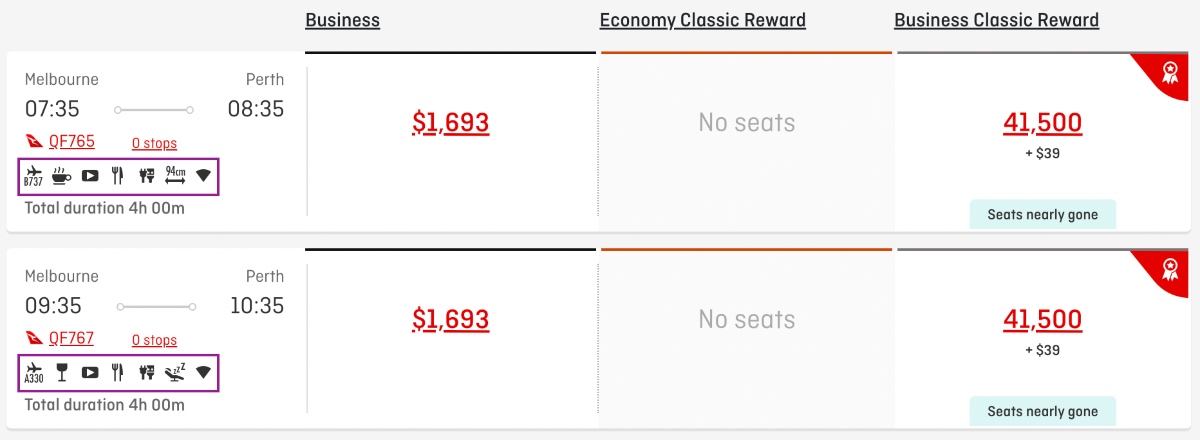 Qantas MEL-PER Business pricing
