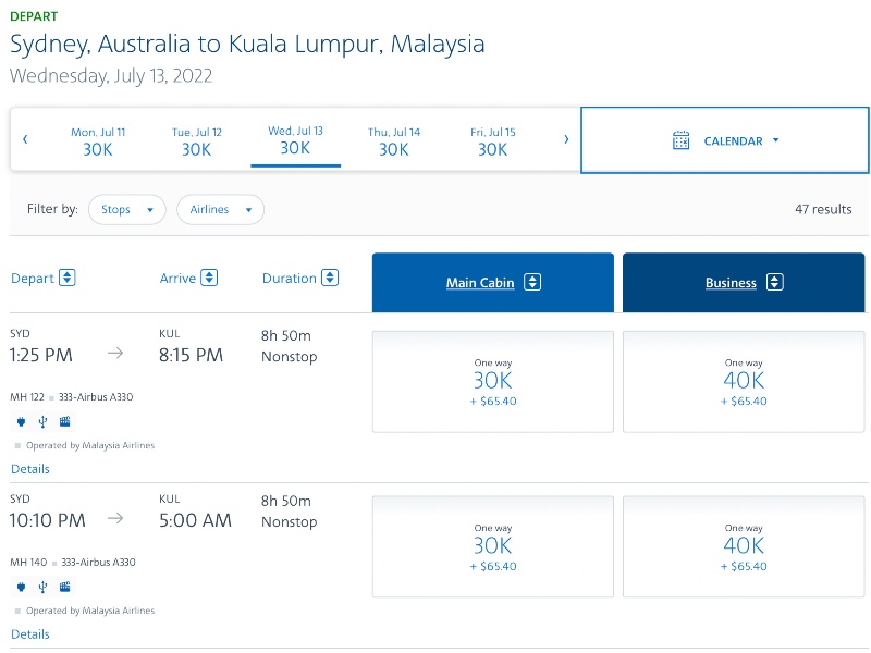 After clicking through, you can see several Malaysia Airlines flights available