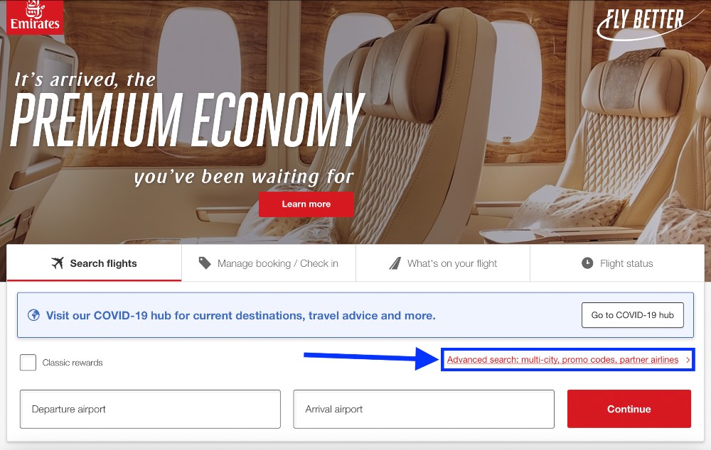 Select "Advanced search: multi-city, promo codes, partner airlines" to search for Classic Reward seats on other airlines including Qantas or Korean Air