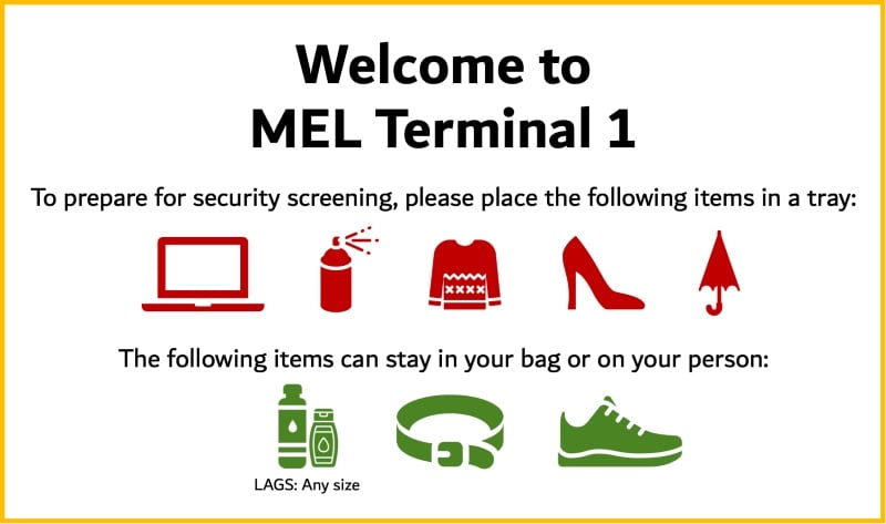 Example of a sign that could be placed at the entrance of the security checkpoint at Melbourne Airport T1