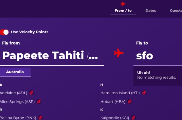 The Virgin Australia website doesn't recognise the PPT-SFO route