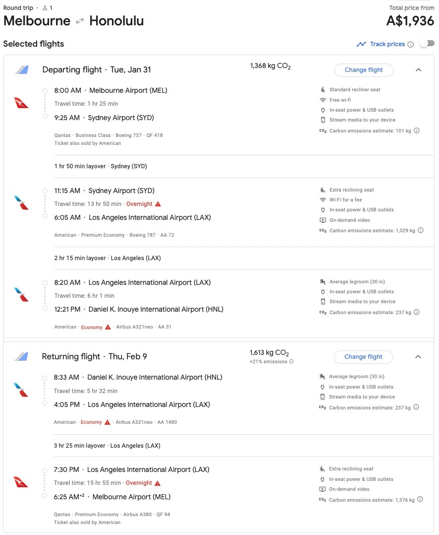 AA MEL-HNL itinerary on Google Flights