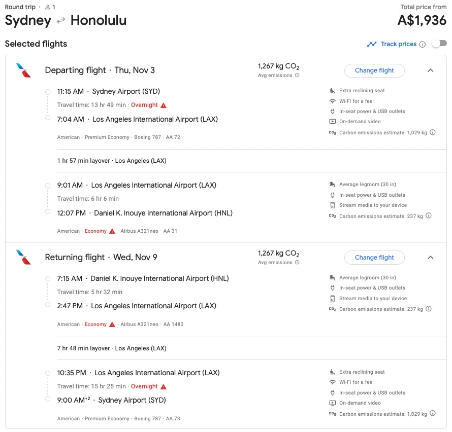 AA SYD-HNL itinerary on Google Flights