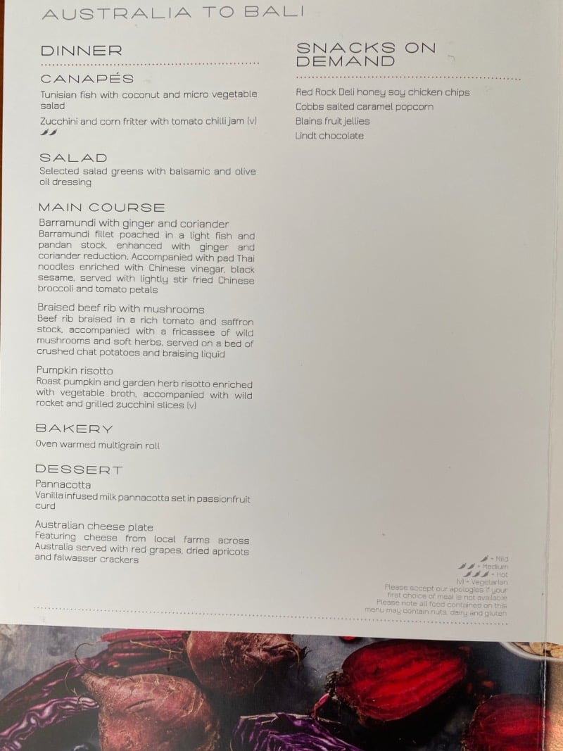 Sample Jetstar Business Class menu