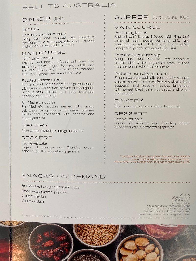 Sample Jetstar Business Class menu.