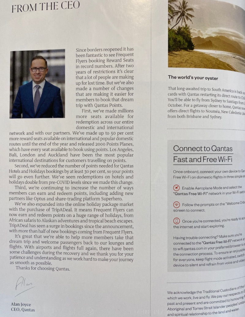 "From the CEO" section on page 14 of the Qantas magazine for August 2022