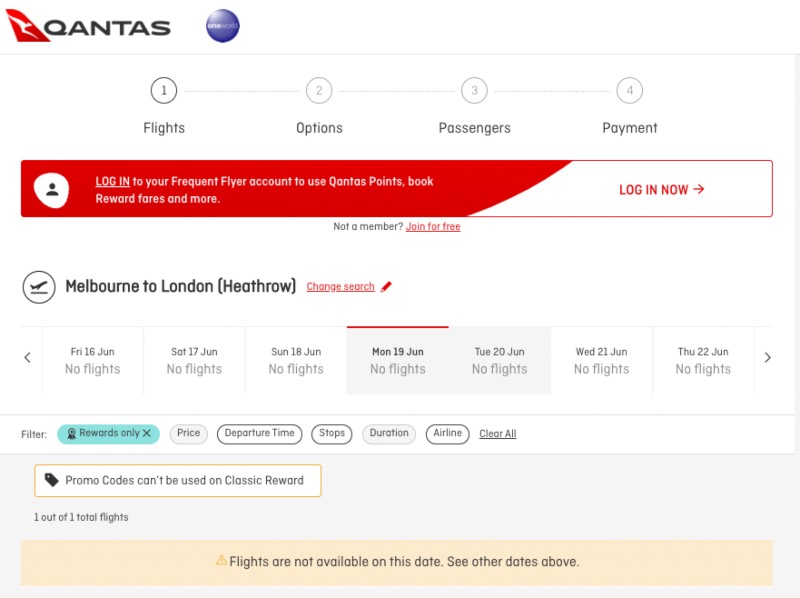 No award availability on the Qantas website