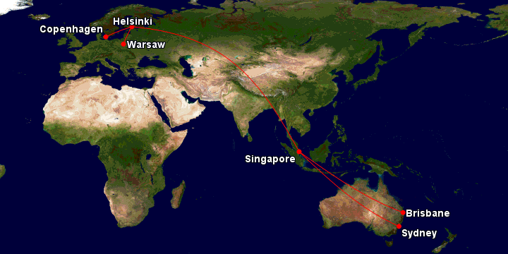 Sample Finnair itinerary from Brisbane to Oslo, returning from Warsaw to Sydney