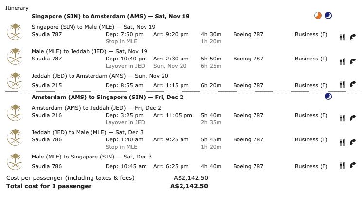 Example of a cheap Saudia Business Class fare from Singapore-Amsterdam seen on ITA Matrix.