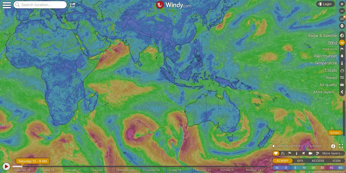 Example of a jet stream map on Windy.com